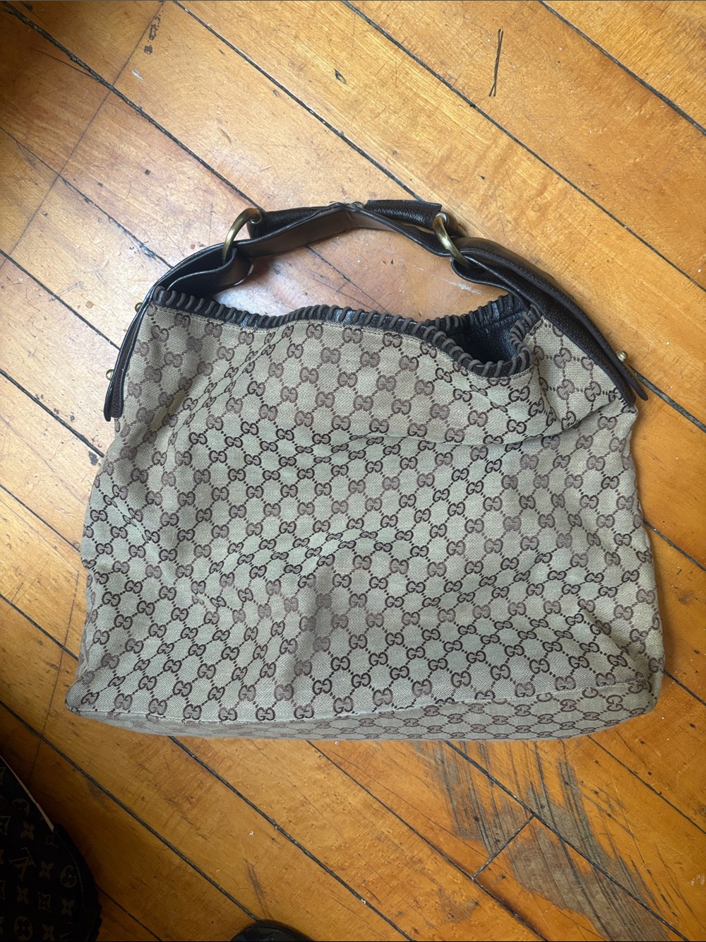 GG Brown Monogram Shoulder Hobo Bag with Dark Brown Trim